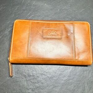 VTG Mancini Tan Leather Zip Around‎ Clutch Wallet Cowhide Plaid Lining